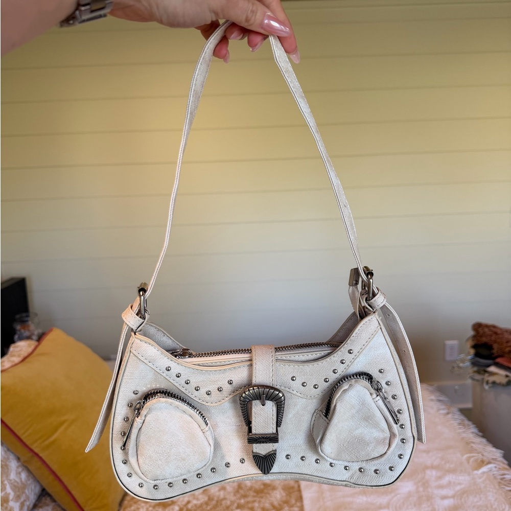 Elegant Cream Studded Shoulder Bag - Picture 4 of 4